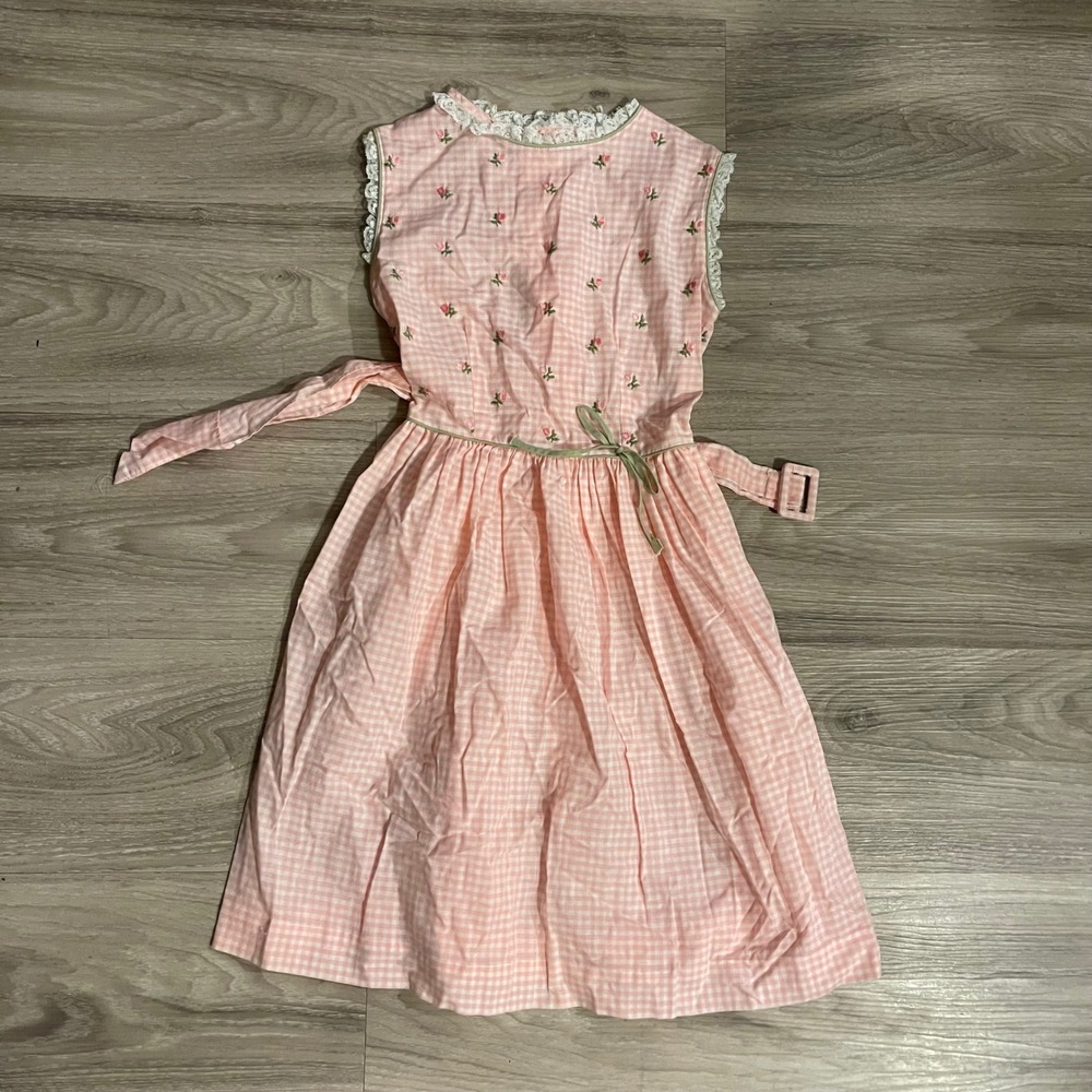 Vintage Cinderella Girls Embroidered Floral Gingham Dress Ruffle Trim 70s